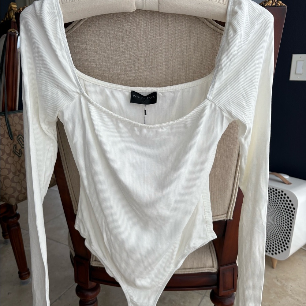 Women's White Squareneck Ribbed Bodysuit